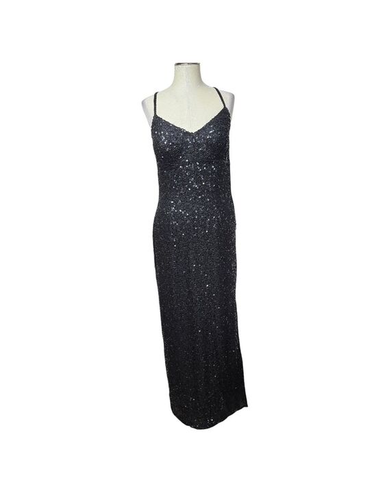 Scala Dresses & Skirts - Scala Black Sequin Beaded V Neck Maxi Front Zip Vintage Silk Slit Maxi Dress M